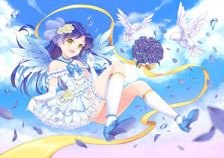 Картинка аниме idolm@ster idolmaster kisaragi chihaya chobi penguin paradise птицы голуби лепестки небо еапли цветы платье девочка арт