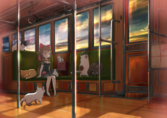 Картинка аниме животные +существа арт девочка поезд коты