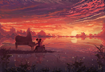 Картинка аниме музыка арт donsaid dias mardianto рояль девушка парень закат небо облака светлячки наушники тетрадь