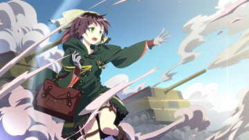 Картинка аниме оружие +техника +технологии chibiibiru арт девочка небо танк