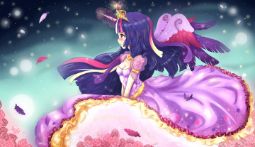 Картинка аниме ангелы +демоны twilight sparkle девочка крылья цветы my little pony платье розы арт перья