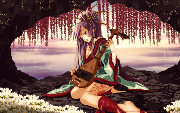Картинка аниме музыка паук паутина листья лютня камни цветы деревья девушка nekou izuru cilou украшение лента кимоно