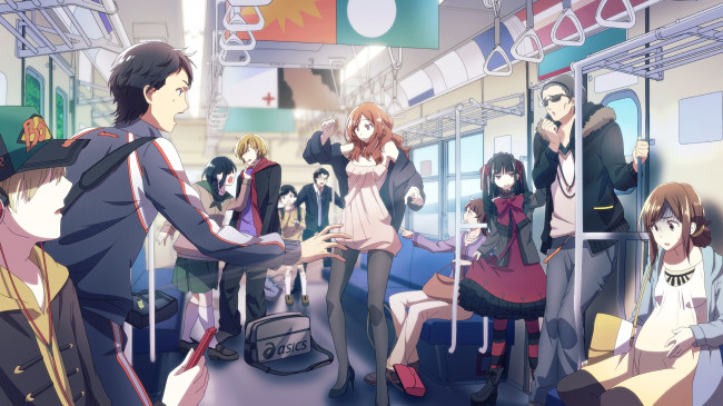 Обои картинки фото аниме, unknown,  другое, парни, девушки, люди, потасовка, поезд, арт, chibiibiru