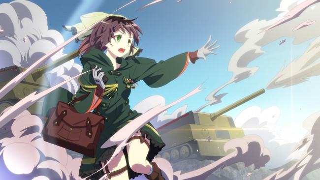 Обои картинки фото аниме, оружие,  техника,  технологии, chibiibiru, арт, девочка, небо, танк