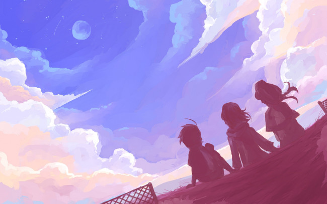 Обои картинки фото аниме, unknown,  другое, небо, звезды, облака, арт, друзья, луна