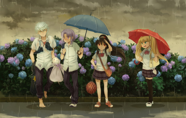 Обои картинки фото аниме, unknown,  другое, парни, девушки, huazha01, арт, кусты, облака, небо, зонт, дождь, форма, школьники
