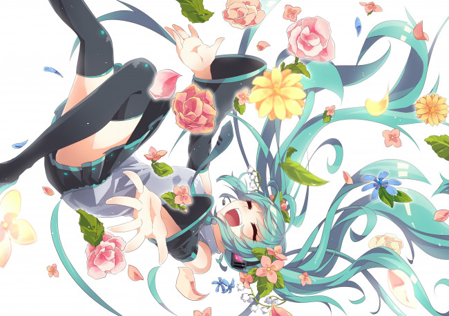 Обои картинки фото аниме, vocaloid, hatsune, miku, арт, девочка, цветы