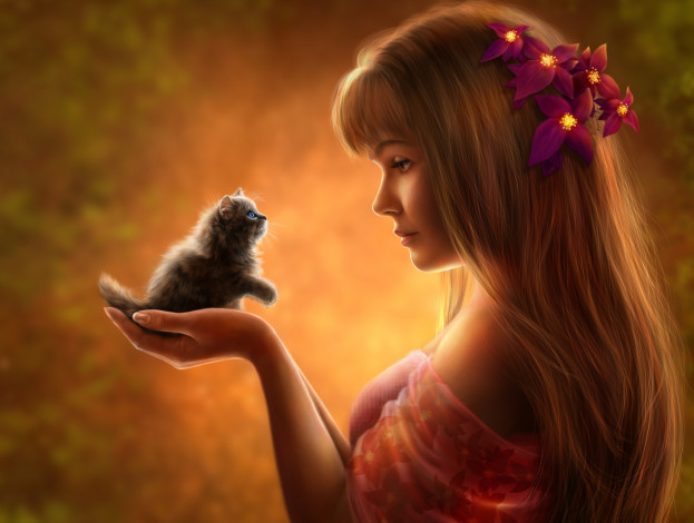 Обои картинки фото рисованное, люди, девушка, волосы, цветы, котенок, настроение