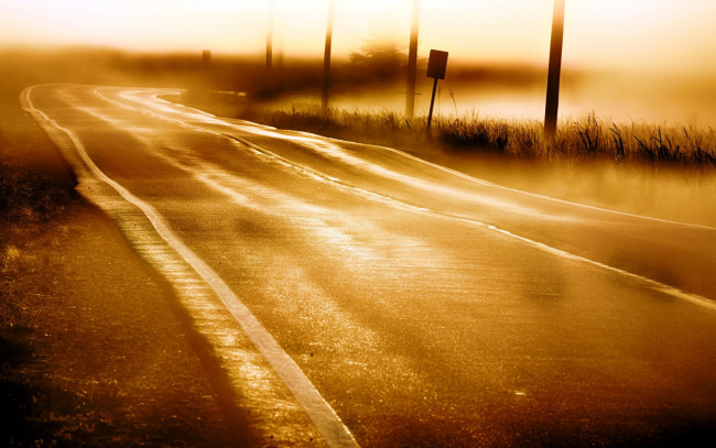 Обои картинки фото природа, дороги, дорога, столбы, туман, утро