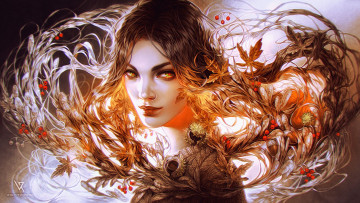 Картинка фэнтези девушки взгляд магия ветви рябины чудесный сон богиня мистика сказка красивая девушка
