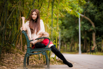 Картинка девушки -unsort+ азиатки модель девушка скамейка азиатка шатенка парк наряд макияж поза красотка