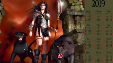 Картинка календари 3д-графика пантера животное оружие женщина