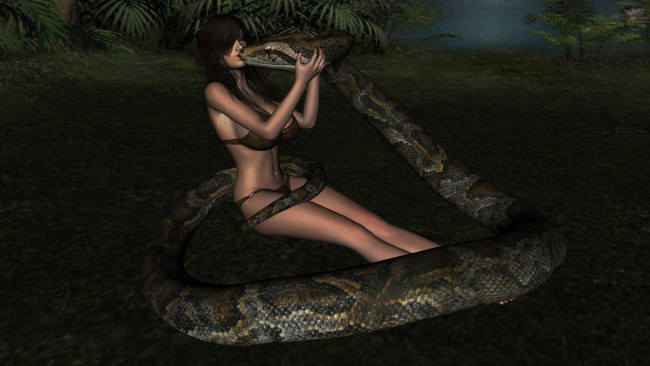 Обои картинки фото 3д графика, фантазия , fantasy, девушка, змея, фон, взгляд