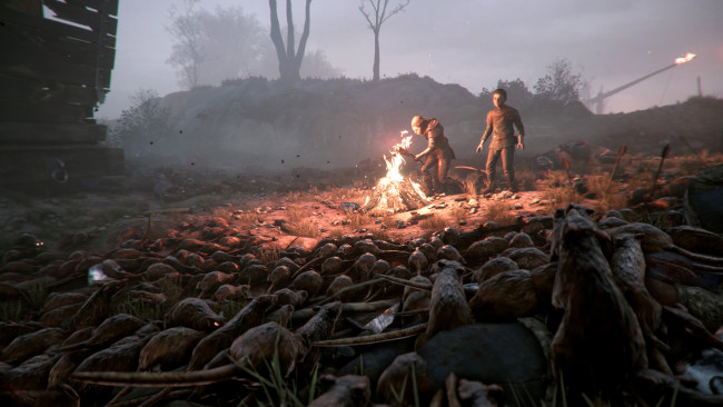 Обои картинки фото видео игры, a plague tale,  innocence, огонь, костер, крысы, мальчик, девушка