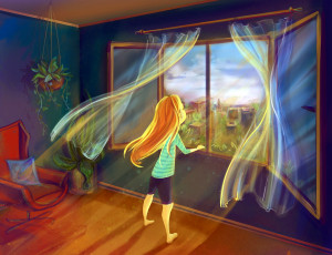обоя рисованное, дети, девочка, окно, комната, ветер