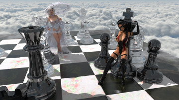 обоя 3д графика, фантазия , fantasy, девушки, фон, шахматы, облака