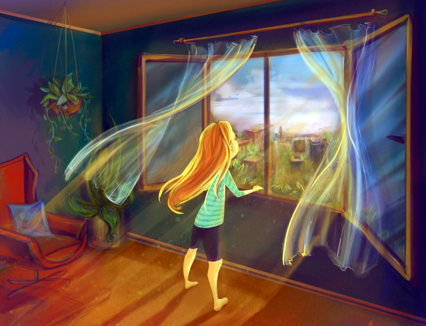 Обои картинки фото рисованное, дети, девочка, окно, комната, ветер