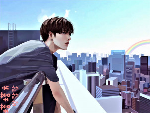 Картинка рисованное люди парень ограда крыша город панорама