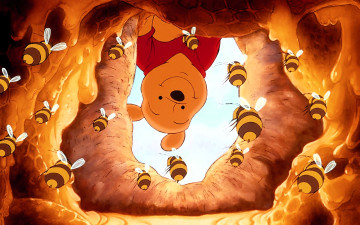 обоя мультфильмы, winnie the pooh, винни-пух, дупло, пчелы