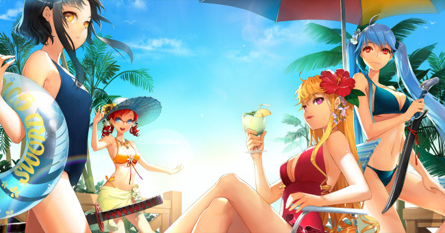 Обои картинки фото аниме, sword, girls, девушки, пляж, бикини, коктейль, зонт