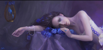 Картинка рисованные люди девушка цветы розы клетка птица ожерелье жемчуг