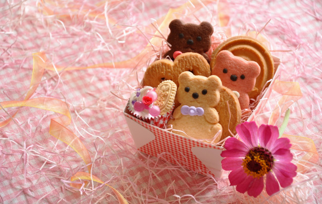 Обои картинки фото еда, пирожные,  кексы,  печенье, выпечка, печенье, мишки, цветок