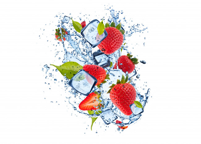 Обои картинки фото еда, клубника,  земляника, вода, лед, листочки, water, ice, strawberry, leaflets