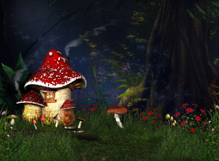 Картинка 3д+графика фантазия+ fantasy грибы мухоморы лес трава пыльца цветы домик