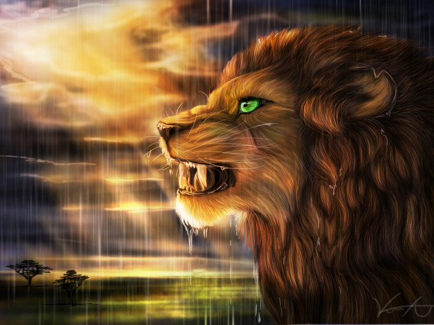 Обои картинки фото рисованное, животные,  львы, лев, грива, саванна, дождь