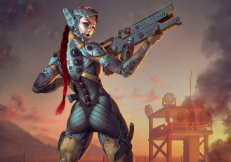 Картинка фэнтези девушки костюм фантастика попа девушка волосы задница киборг рыжая взгляд оружие