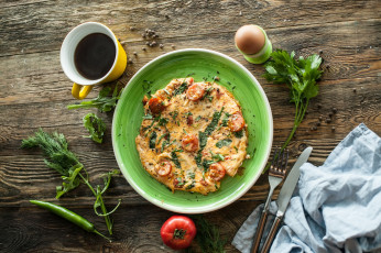 Картинка еда Яичные+блюда завтрак зелень омлет помидоры