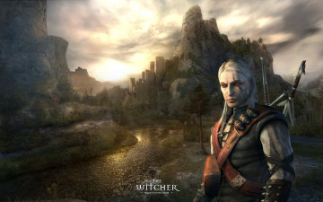 обоя видео игры, the witcher, горы, геральт, крепость, оружие, река, ведьмак