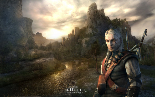 Обои картинки фото видео игры, the witcher, горы, геральт, крепость, оружие, река, ведьмак