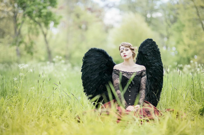 Обои картинки фото девушки, -unsort , креатив, ангел, крылья, блондинка, платье, трава