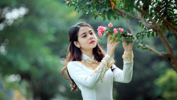 Картинка девушки -+азиатки азиатка платье пайетки цветущее дерево