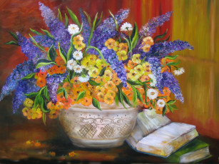 Картинка рисованные цветы букет книга ваза
