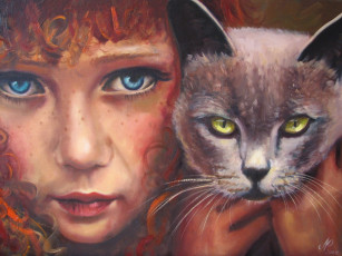 Картинка рисованные дети кошка девочка