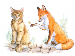 Картинка рисованные животные лиса кот