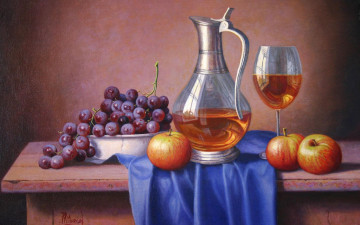 обоя рисованные, еда, вино, кувшин, виноград, бокал, яблоко