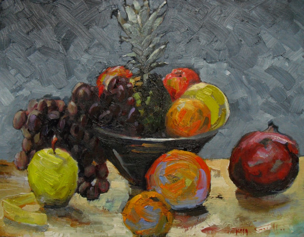 Обои картинки фото рисованные, еда, виноград, яблоко, ананас