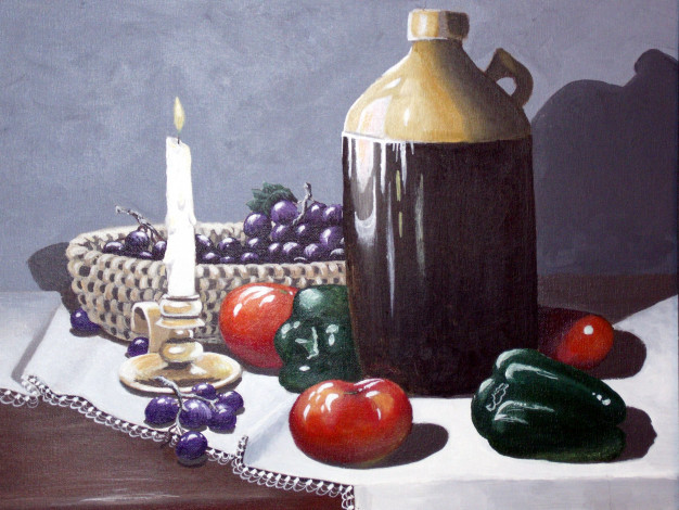 Обои картинки фото рисованные, еда, помидор, виноград, перец, свеча
