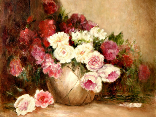 Обои картинки фото louis, joesph, cresenti, рисованные, розы, ваза, букет