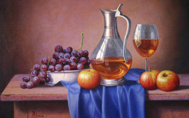 Обои картинки фото рисованные, еда, вино, кувшин, виноград, бокал, яблоко