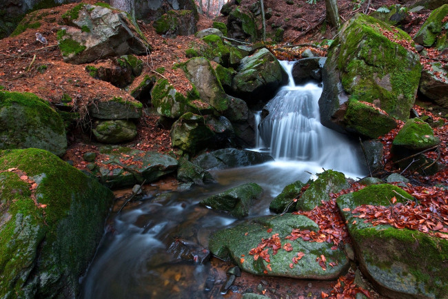 Обои картинки фото природа, водопады, листья, камни, вода, мох