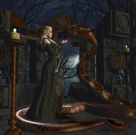 Обои картинки фото 3д, графика, fantasy, фантазия, девушка, змея, свечи