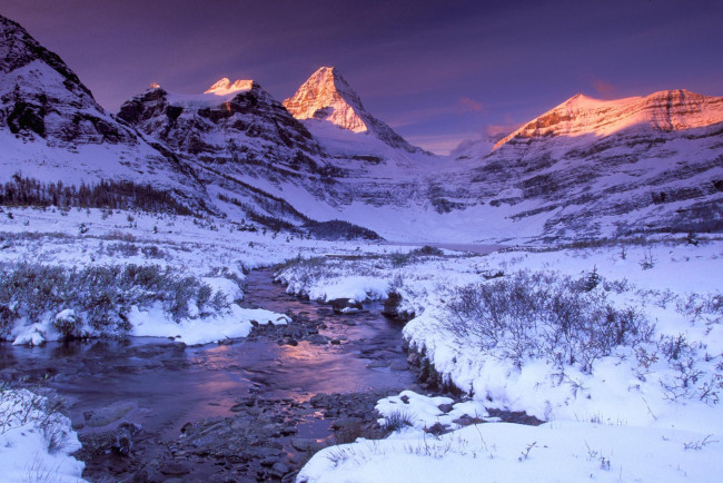 Обои картинки фото природа, горы, зима, снег, закат, река