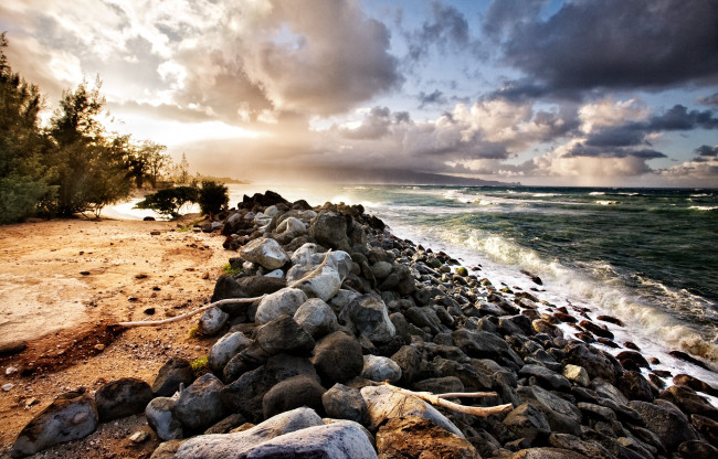 Обои картинки фото baldwin, beach, paia, maui, природа, побережье, океан, пляж, камни, песок, волны, тучи, деревья