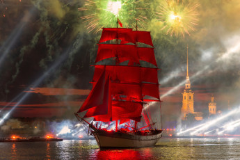 обоя корабли, парусники, 2015, алые, паруса, салют, закат, санкт-петербург