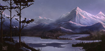 Картинка рисованное природа пейзаж ночь река горы деревья