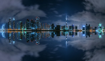 Картинка города дубай+ оаэ dubai business bay panorama night ночь город отражение здания огни